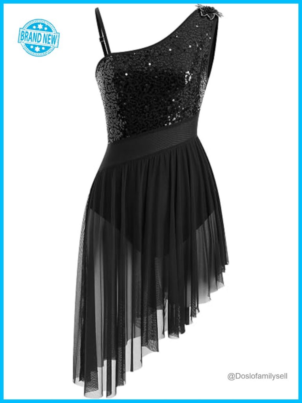 Women One Shoulder Sequins Lyrical Dance Dress Flowy Chiffon Skirt